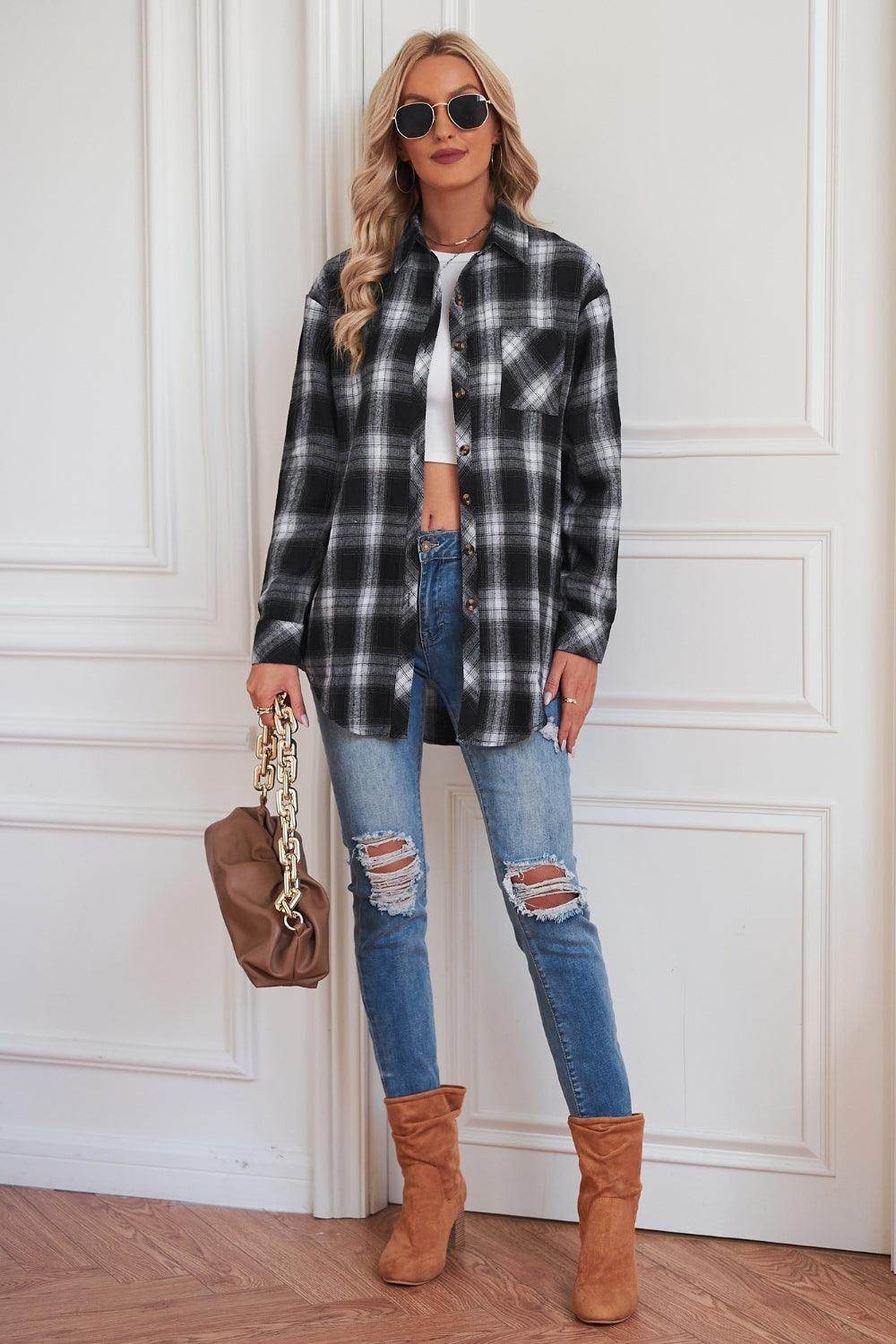 Plaid Button Up Dropped Shoulder Outerwear - VacationGrabs