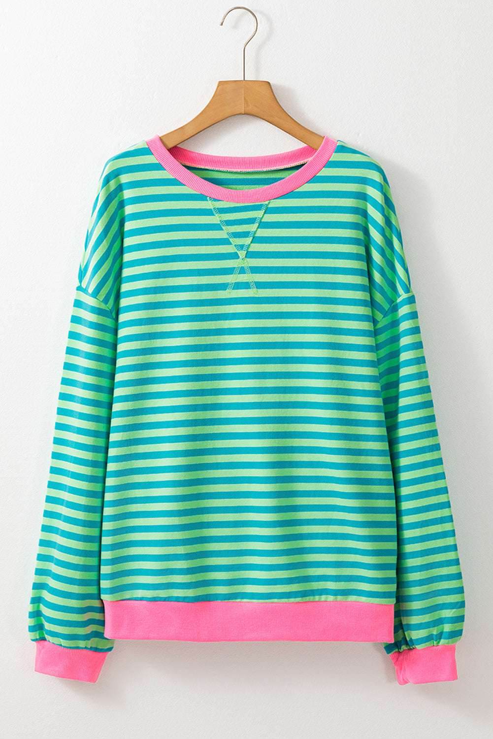 Sky Blue Stripe Oversized Contrast Trim Pullover Sweatshirt - VacationGrabs