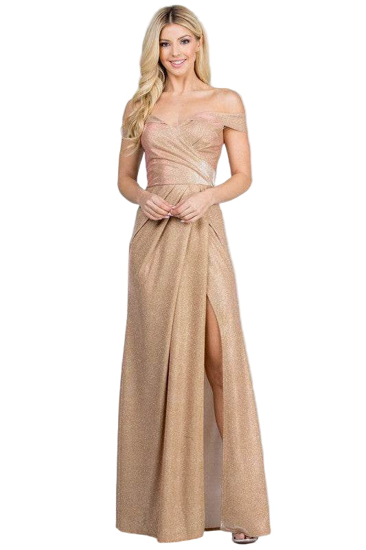 Off Shoulder Glittery Jacquard Gathered Gown - VacationGrabs