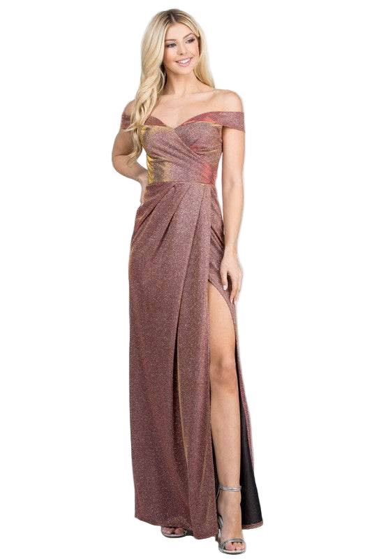 Off Shoulder Glittery Jacquard Gathered Gown - VacationGrabs