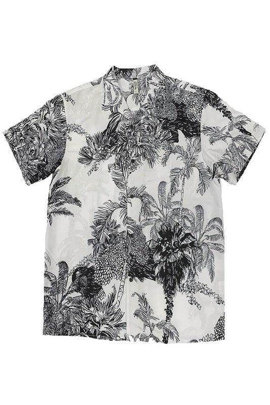 Men's White Black Print Button Down Shirt - VacationGrabs