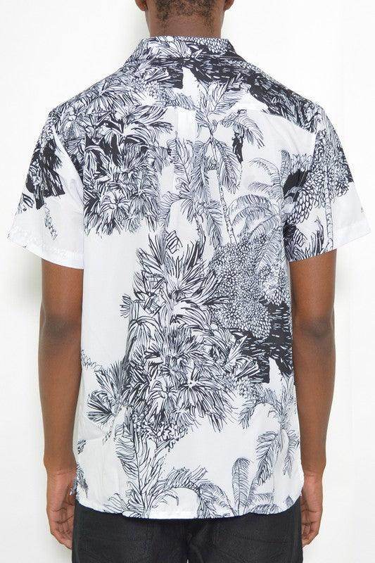 Men's White Black Print Button Down Shirt - VacationGrabs