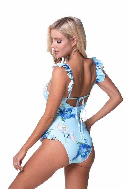 Blue Floral Ruffle One Piece Swimwear - VacationGrabs