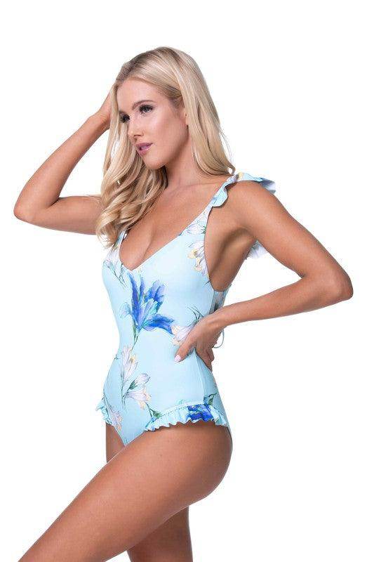 Women's Swimwear - 1PC Blue Floral Ruffle One Piece Swimwear