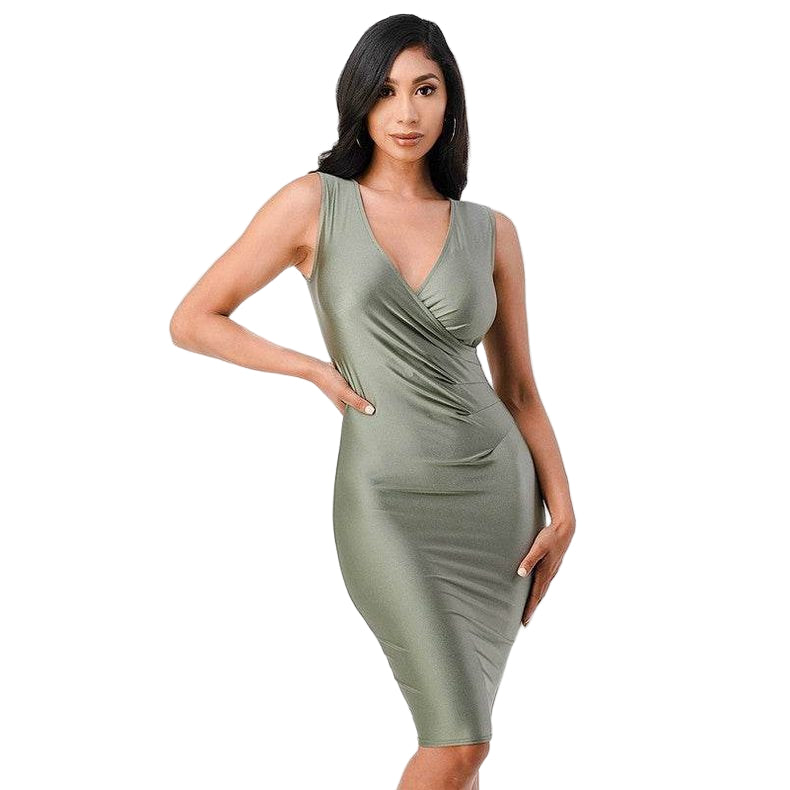 Overlap Tricot Tanya Dress with Side Pleats - VacationGrabs