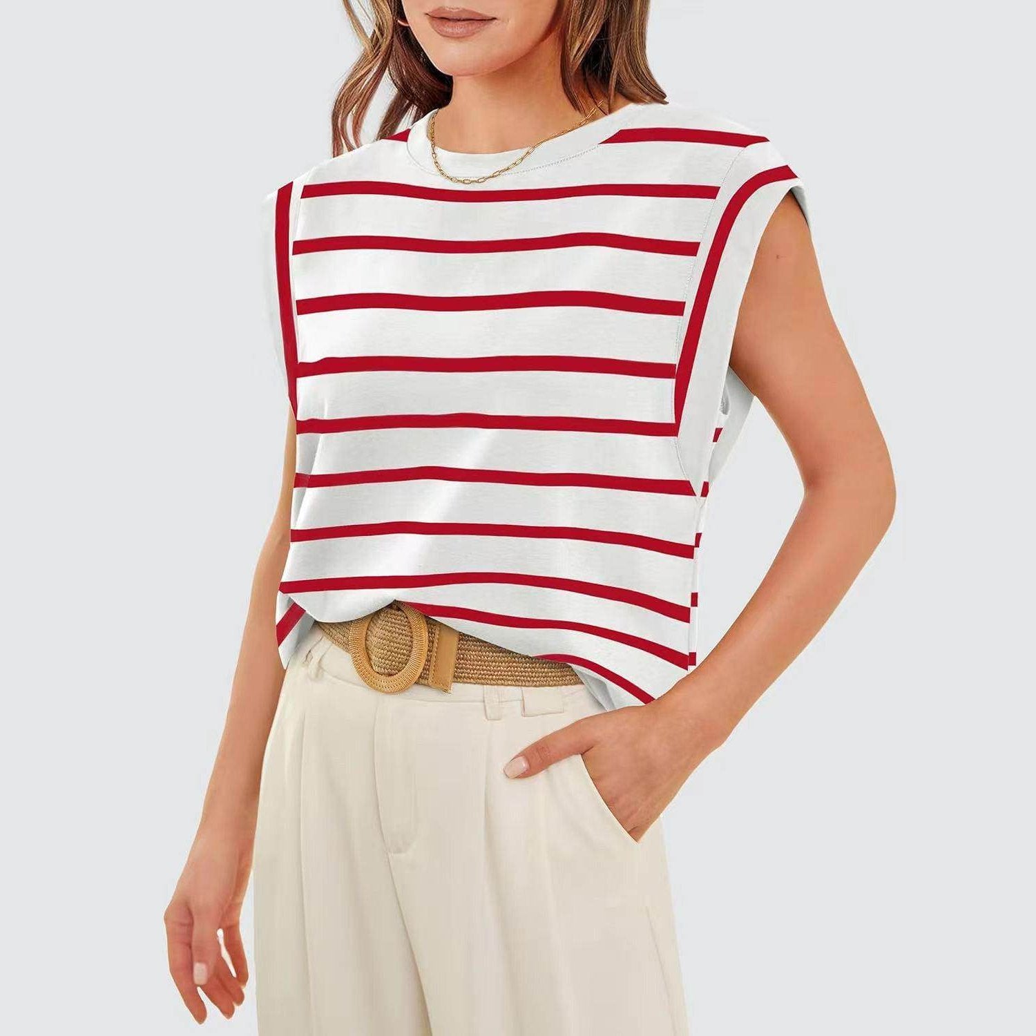 Striped Round Neck Cap Sleeve T-Shirt - VacationGrabs