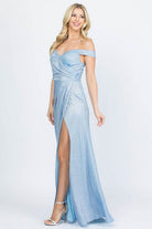 Off Shoulder Glittery Jacquard Gathered Gown - VacationGrabs