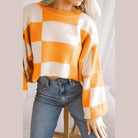 Orange Checkered Bishop Sleeve Sweater - VacationGrabs