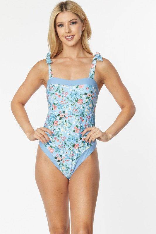 One Piece Bathing Suit Floral Print Tie Straps - VacationGrabs