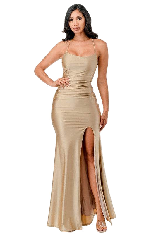 Back lace up mermaid dress with waist shirring - VacationGrabs