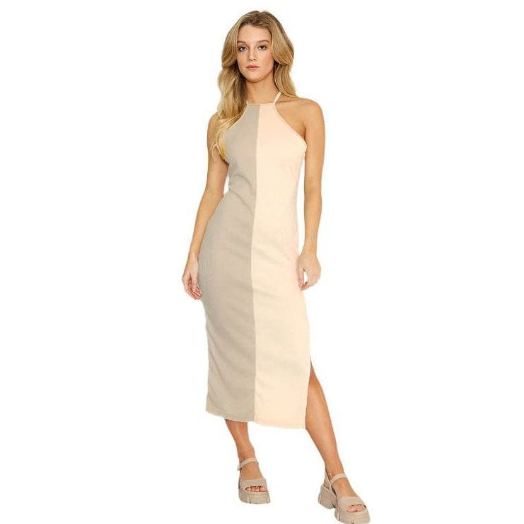 Two Tone Cream Color Block Halter Dress - VacationGrabs