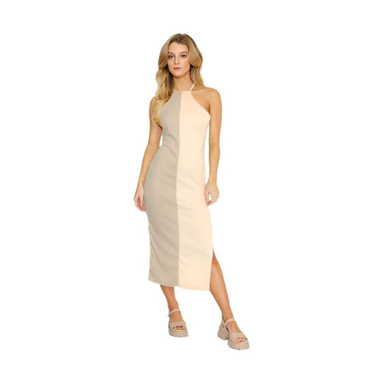 Two Tone Cream Color Block Halter Dress - VacationGrabs