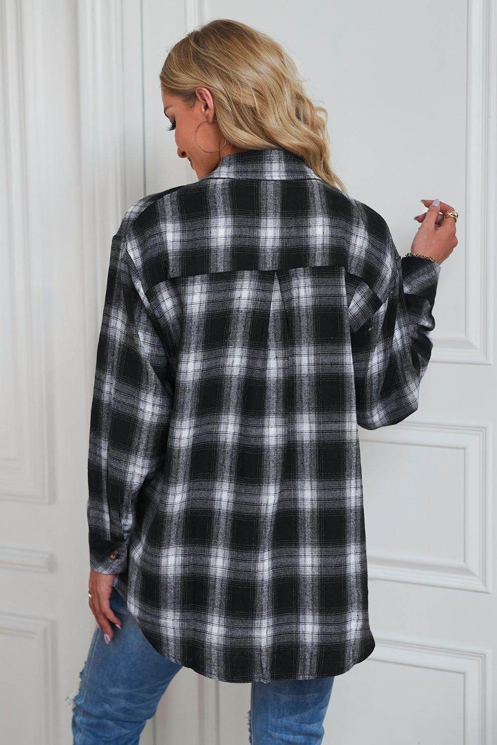 Plaid Button Up Dropped Shoulder Outerwear - VacationGrabs
