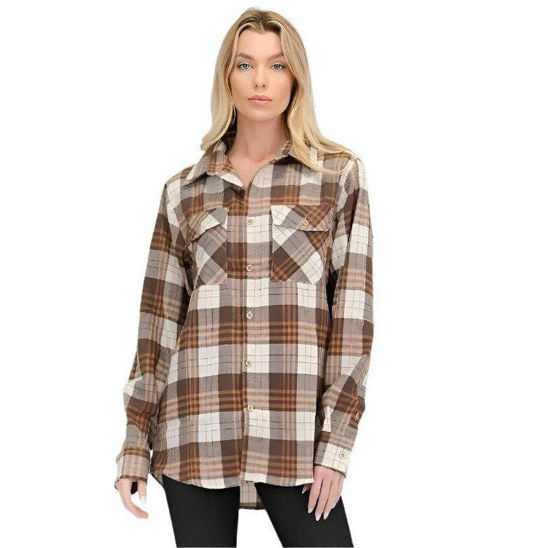 Boyfriend Fit Checker Plaid Flannel Long Sleeve - VacationGrabs