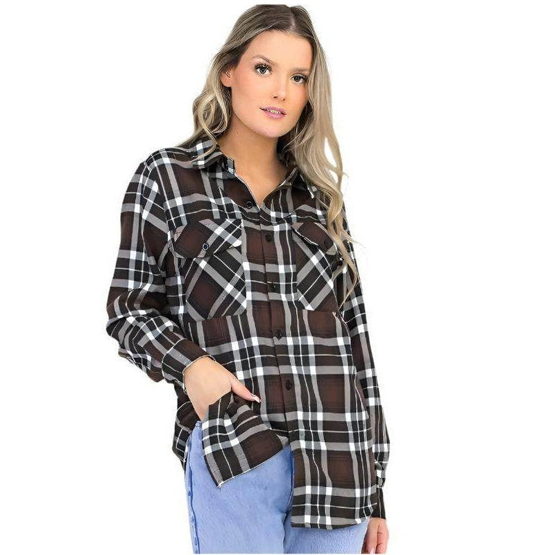 Boyfriend Fit Checker Plaid Flannel Long Sleeve - VacationGrabs
