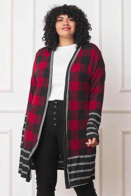 Long Buffalo Plaid Stripe Trim Open Cardigan - VacationGrabs