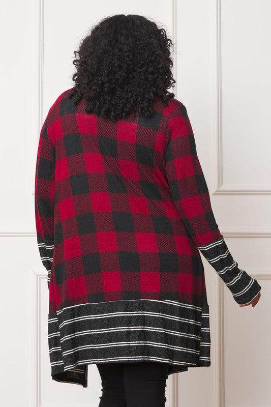 Long Buffalo Plaid Stripe Trim Open Cardigan - VacationGrabs
