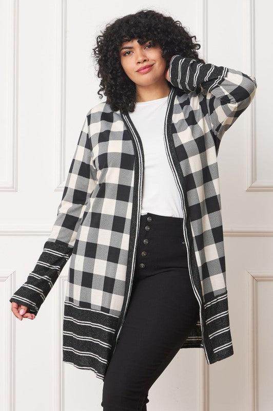 Long Buffalo Plaid Stripe Trim Open Cardigan - VacationGrabs