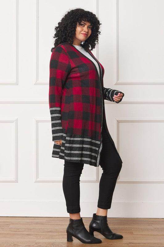 Long Buffalo Plaid Stripe Trim Open Cardigan - VacationGrabs