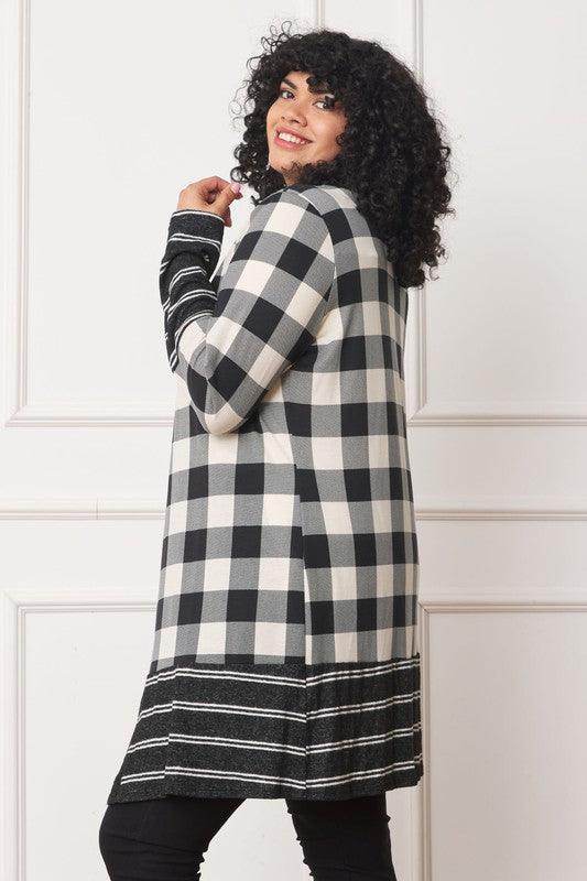 Long Buffalo Plaid Stripe Trim Open Cardigan - VacationGrabs