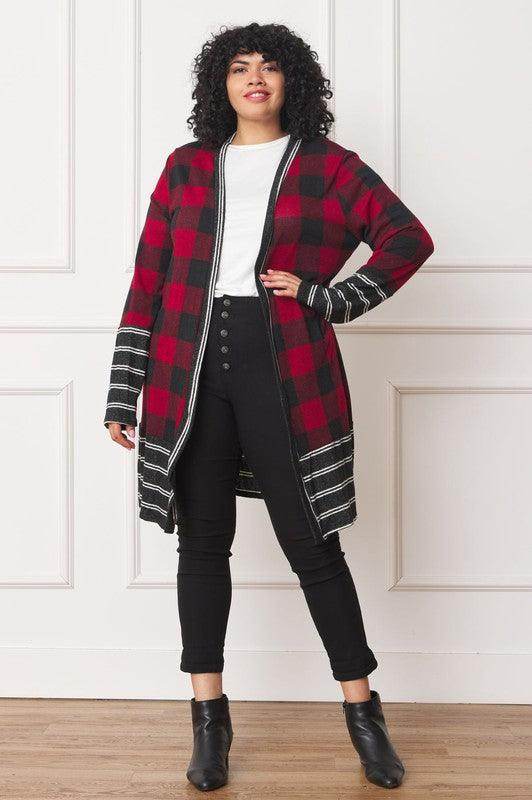 Long Buffalo Plaid Stripe Trim Open Cardigan - VacationGrabs