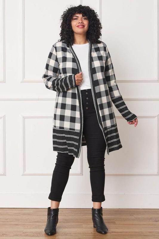 Long Buffalo Plaid Stripe Trim Open Cardigan - VacationGrabs