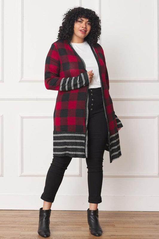 Long Buffalo Plaid Stripe Trim Open Cardigan - VacationGrabs