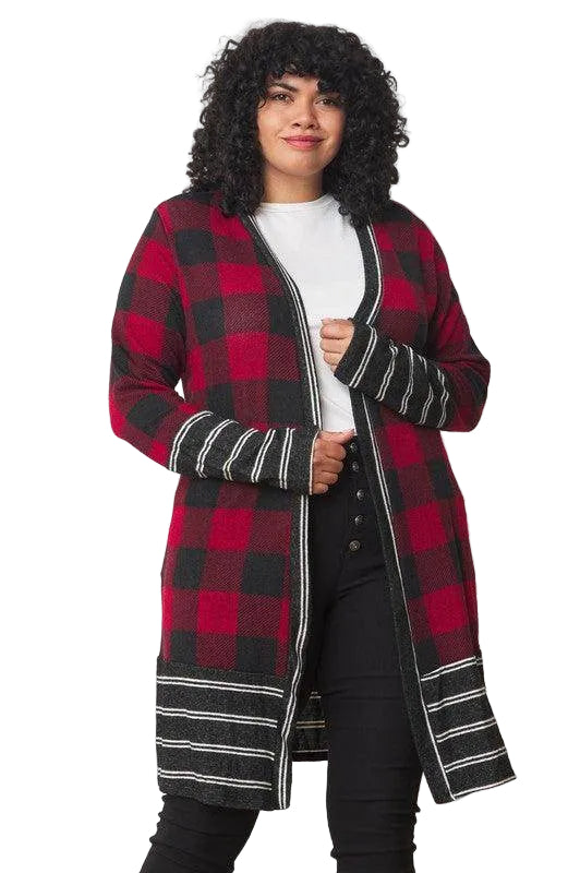 Long Buffalo Plaid Stripe Trim Open Cardigan - VacationGrabs