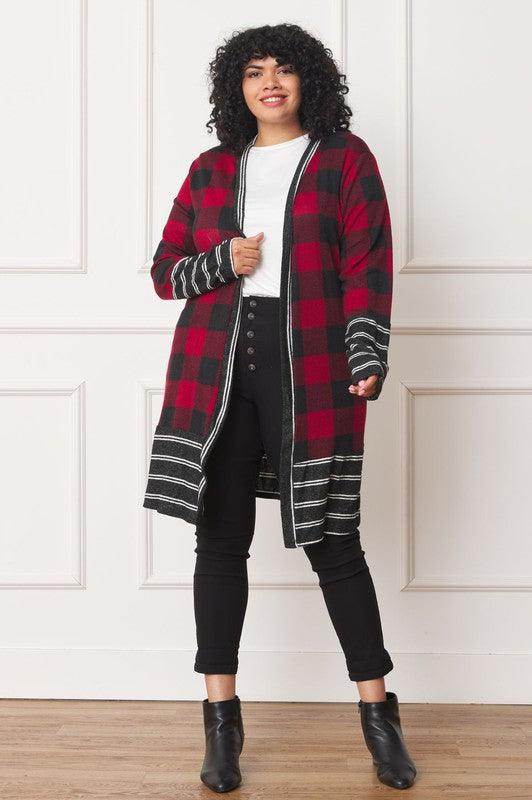 Long Buffalo Plaid Stripe Trim Open Cardigan - VacationGrabs