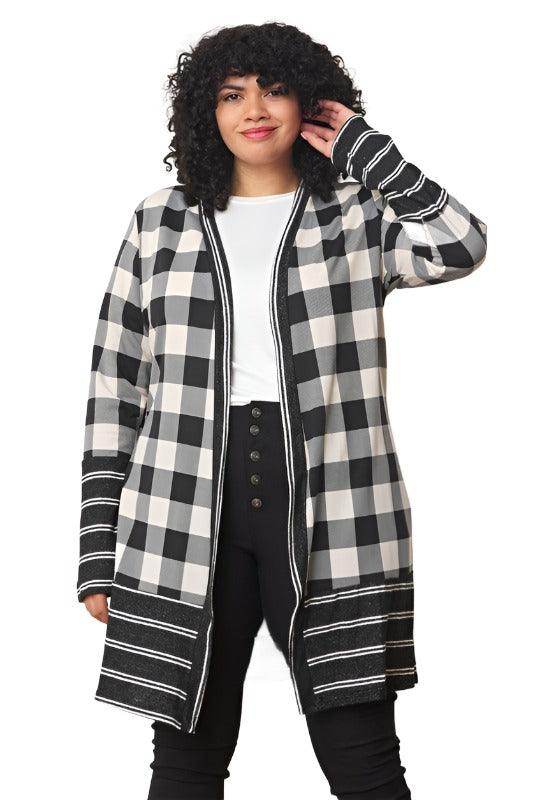 Long Buffalo Plaid Stripe Trim Open Cardigan - VacationGrabs