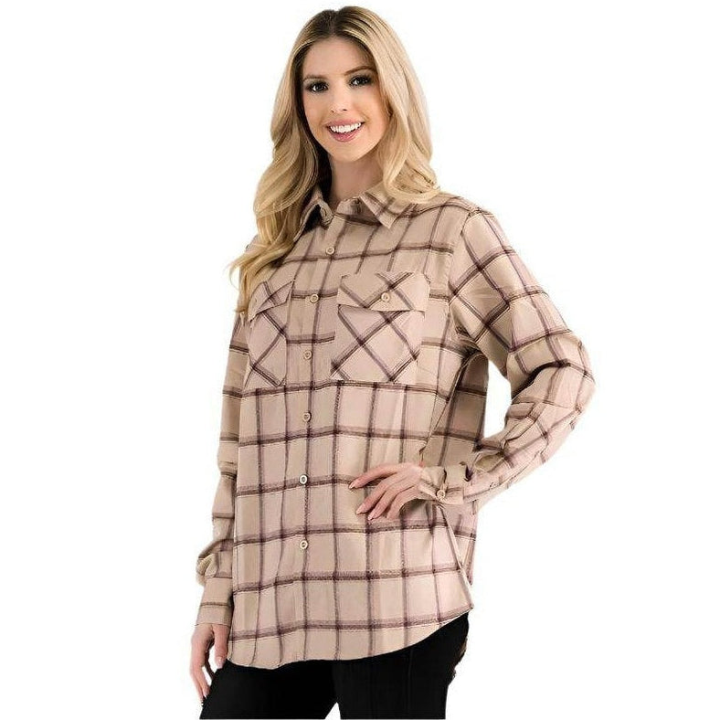 Boyfriend Fit Checker Plaid Flannel Long Sleeve - VacationGrabs