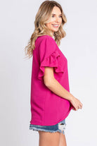 GeeGee V-Neck Ruffle Trim Short Sleeve Blouse - VacationGrabs
