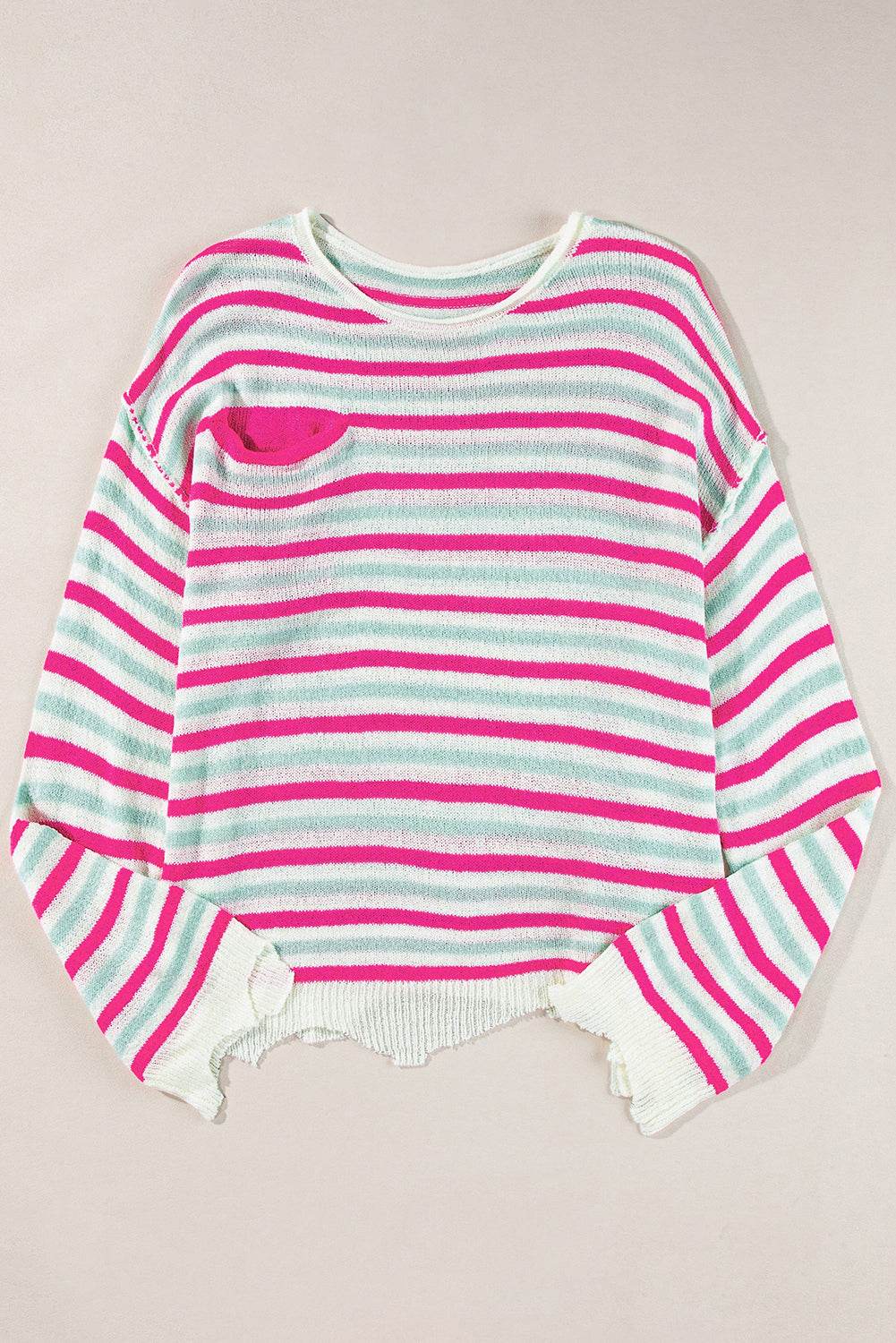 Rose Stripe Oversized Drop Shoulder Sweater with Pocket - VacationGrabs