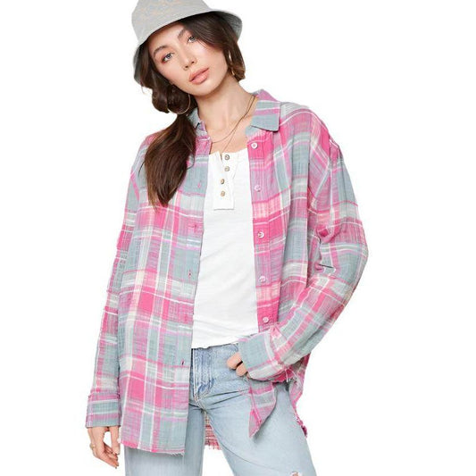 Button Down Pink Plaid Peony Top - VacationGrabs