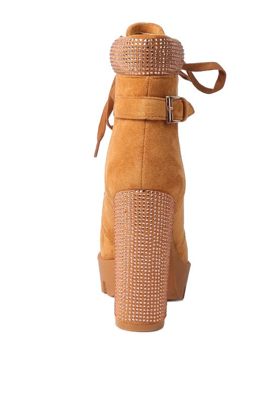 Rag Company lace up diamante ankle boots for women with embellished heel and adjustable strap