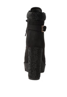 Black lace up diamante ankle boots for women with a stylish chunky heel and buckle detailing