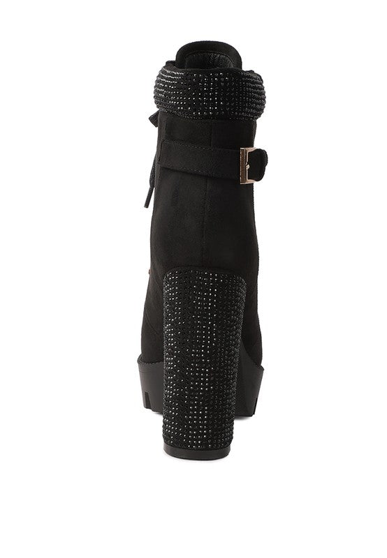 Black lace up diamante ankle boots for women with a stylish chunky heel and buckle detailing