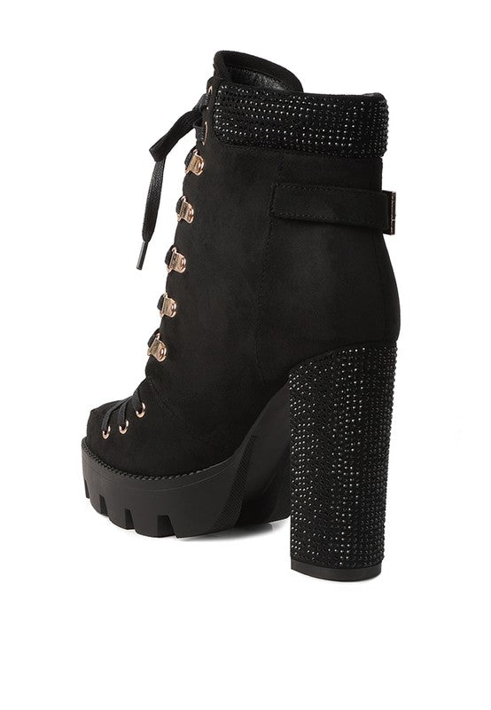 Rag Company lace up diamante ankle boots for women with chunky heel and decorative rhinestone detail