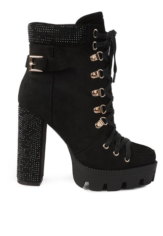 Lace up diamante ankle boots for women featuring a chunky heel and stylish buckled design