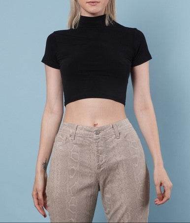 Turtleneck Crop Top Shirt Short Sleeve - VacationGrabs
