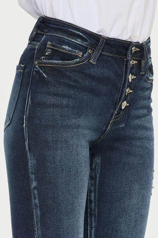 High Rise Button Down Cuffed Ankle Skinny Jeans - VacationGrabs