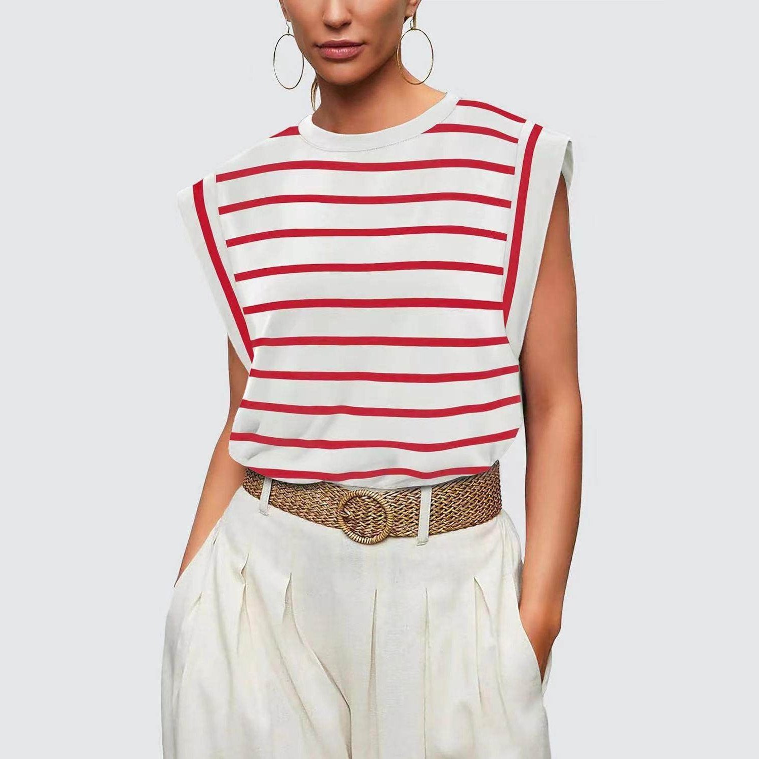 Striped Round Neck Cap Sleeve T-Shirt - VacationGrabs