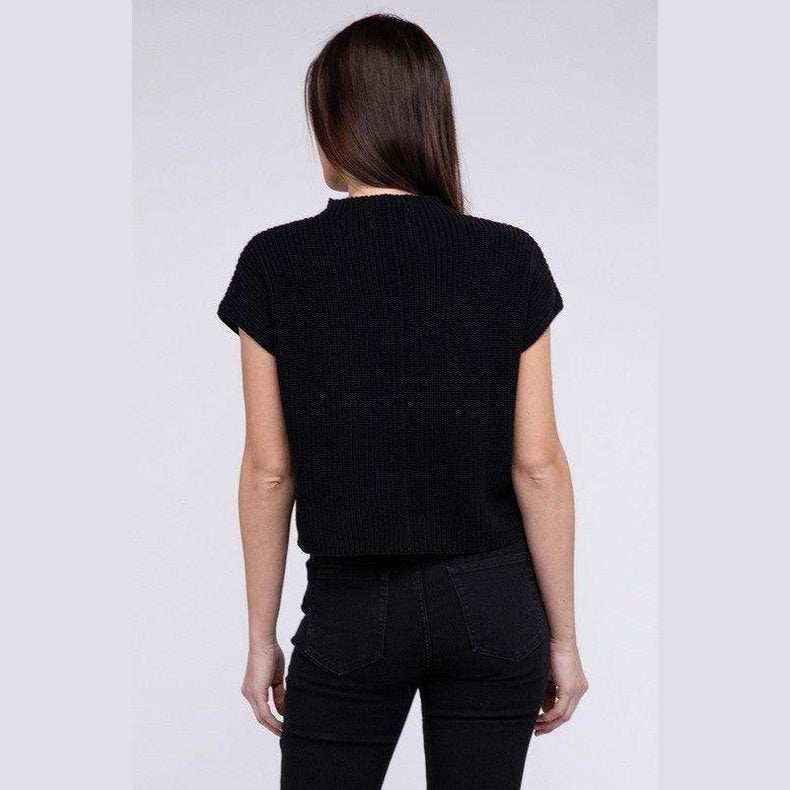 Mock Neck Short Sleeve Cropped Sweater - VacationGrabs