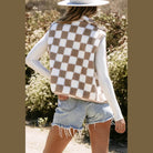 Khaki Checkered Sherpa Collared Jacket Vest - VacationGrabs