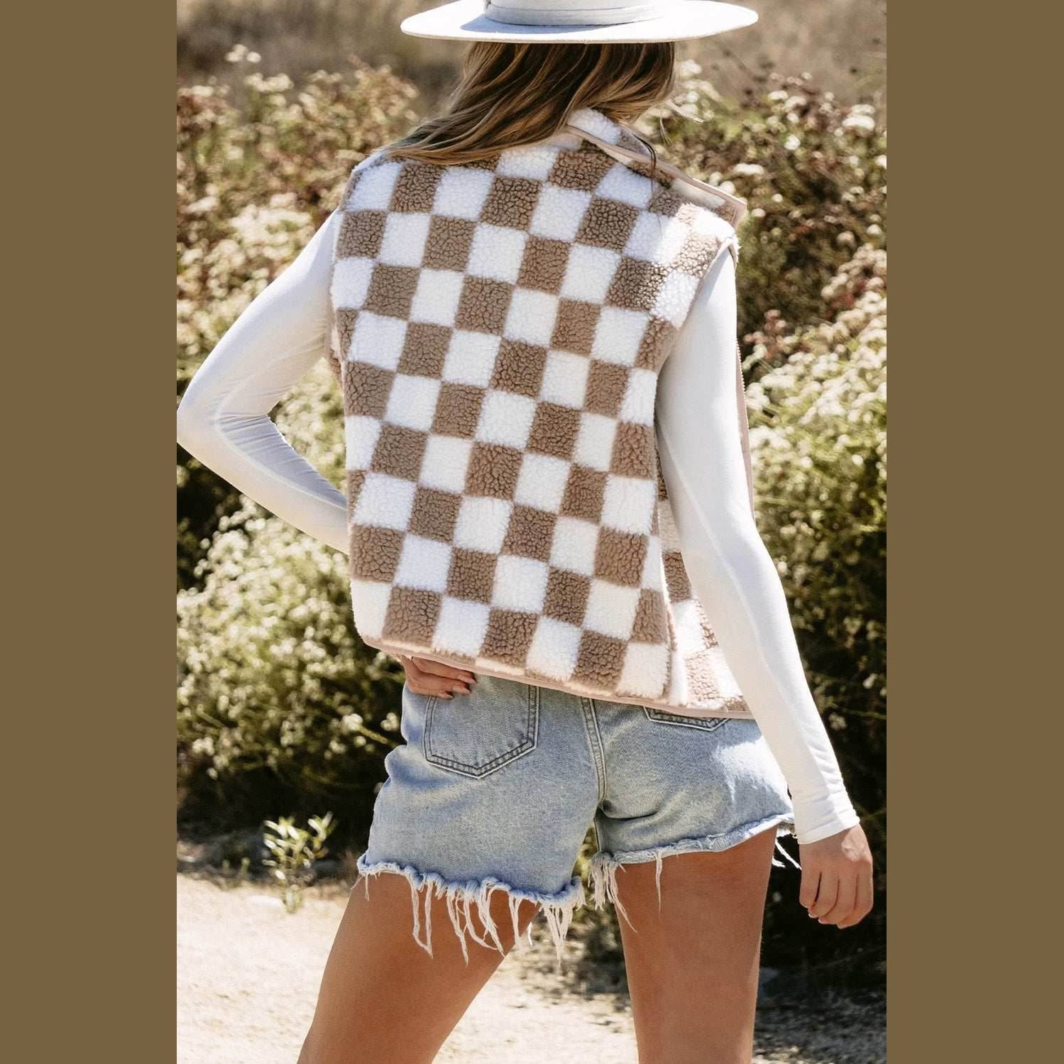 Khaki Checkered Sherpa Collared Jacket Vest - VacationGrabs