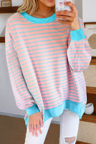 Pink Stripe Contrast Trim High Low Pullover Tunic - VacationGrabs