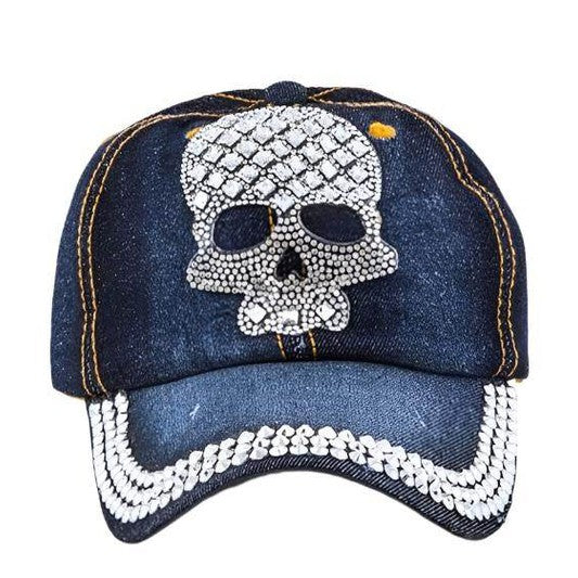 Crystal Skull Embelished Fashion Denim Cap - VacationGrabs