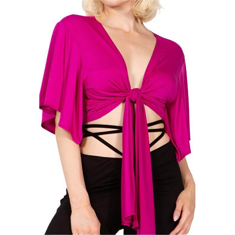 Batwing Sleeve Knot Front Crop Blouse - VacationGrabs