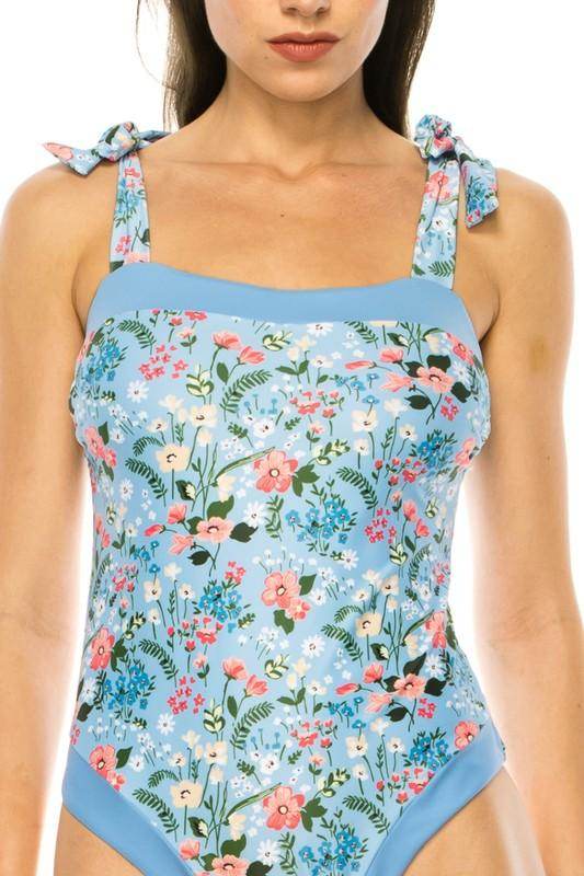 One Piece Bathing Suit Floral Print Tie Straps - VacationGrabs