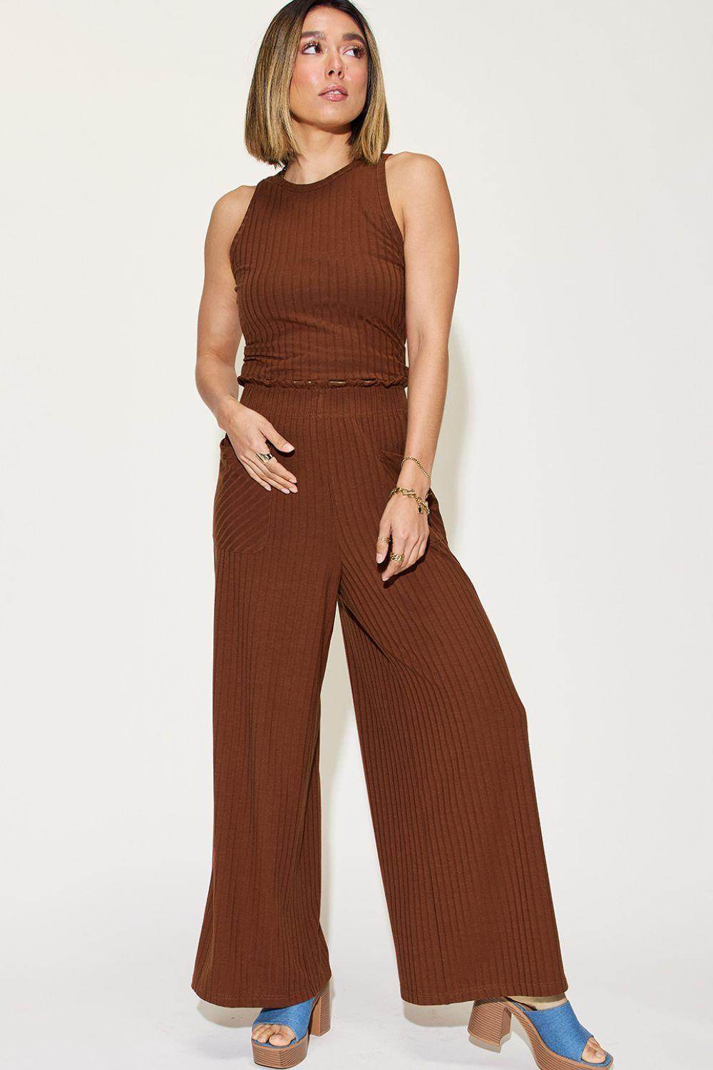 Women's Pants Basic Bae Full Size Ribbed Tank and Wide Leg Pants Set